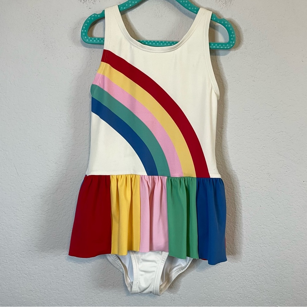 Hanna Andersson Cream One-Piece Swimsuit with Rainbow Stripes
